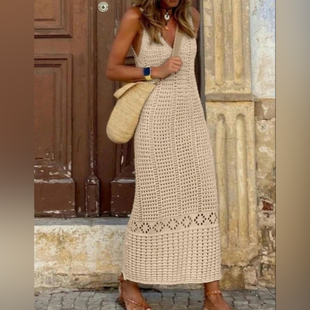 Elegant Cream Crochet Maxi Dress